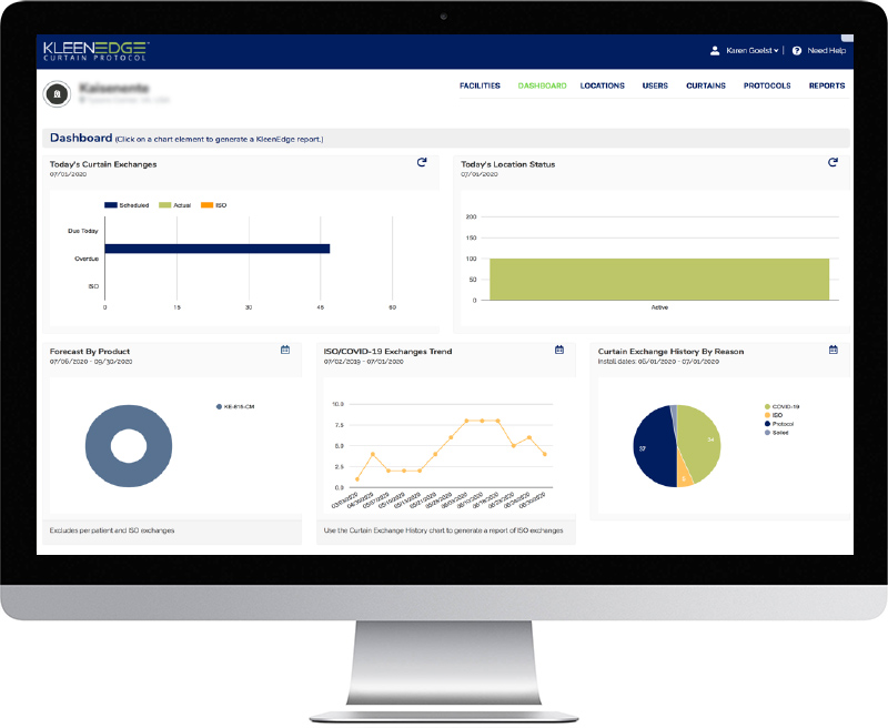 Computer screen showing the KleenEdge Curtain Protocol Dashboard